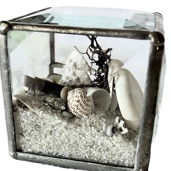 Handmade Other - Paperweight Encased Sand & Shells Beveled Glass & Metal Cube 2.25” Beach Scene